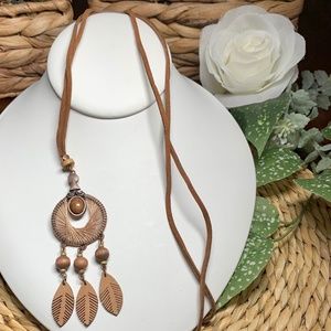 Bronze Colored Dream Catcher Pendant Necklace on Coffee Brown Suede Cord.
